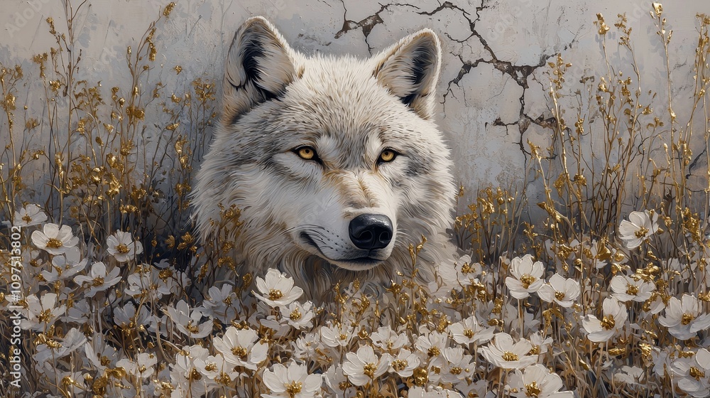 Obraz premium Majestic wolf portrait in blooming wildflowers nature scene artistic representation outdoor environment close-up view wildlife beauty
