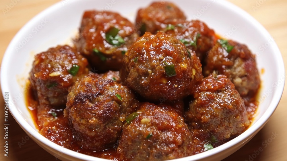 Delicious spicy meatballs in tangy sauce garnished with fresh herbs Delicious spicy meatballs in tangy sauce garnished with fresh herbs