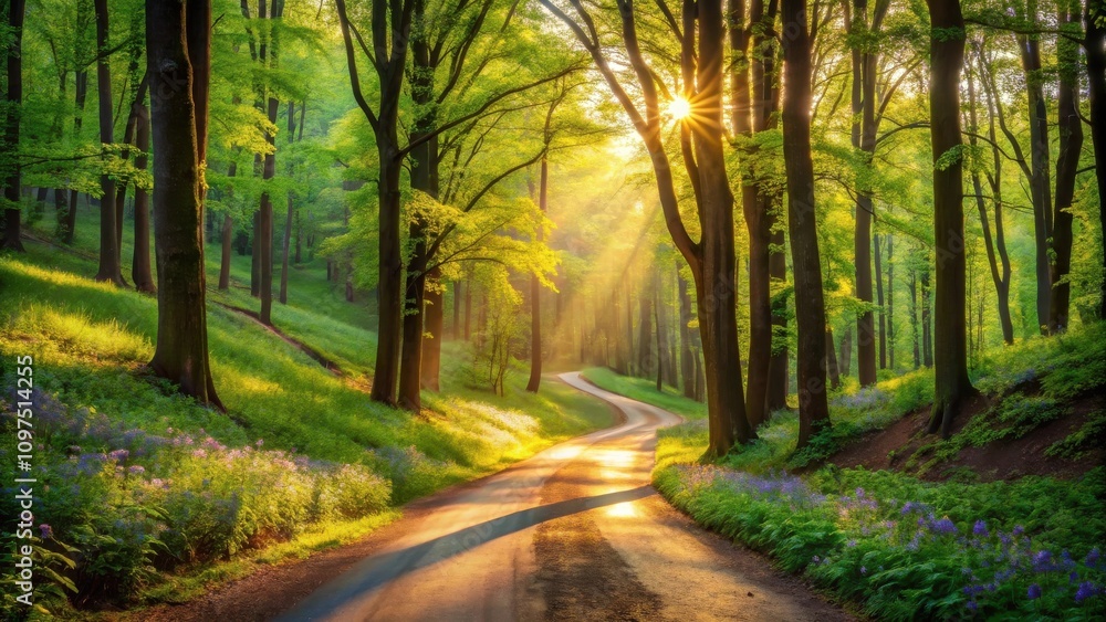 Obraz premium Sunlit Path Winding Through a Lush Spring Forest