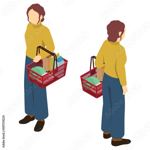 アイソメトリックイラスト：買い物かごを持つ女性