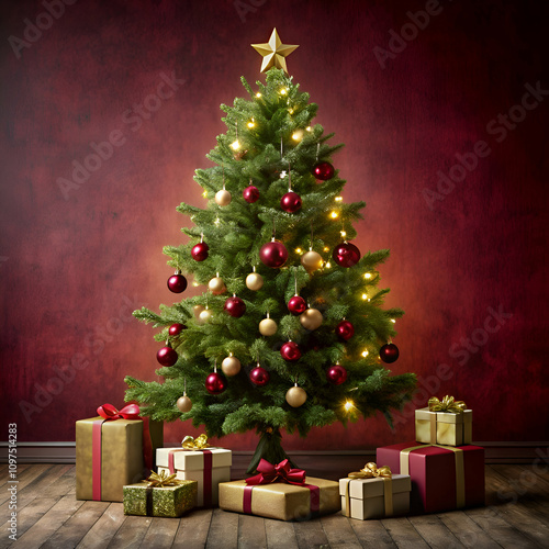 beautiful christmas tree  decorated with balls with text space  photo