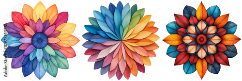 Wallpaper Mural mandala watercolor by creativity concept, A vibrant arrangement of three colorful floral patterns showcasing intricate petal designs and diverse hues. Torontodigital.ca