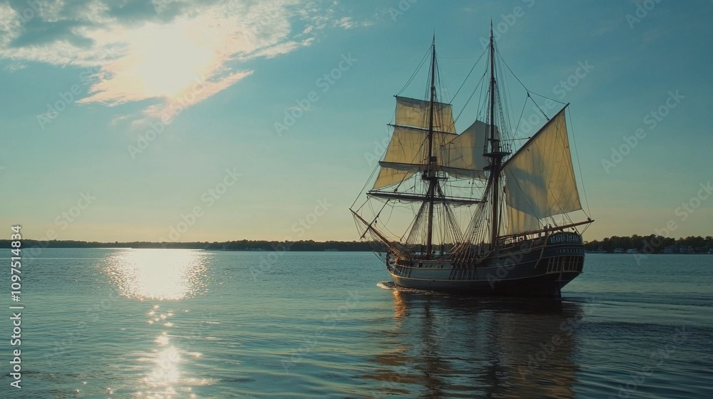 Remember the Maine Day Majestic sailing ship on tranquil waters at sunrise Remember the Maine Day Majestic sailing ship on tranquil waters at sunrise