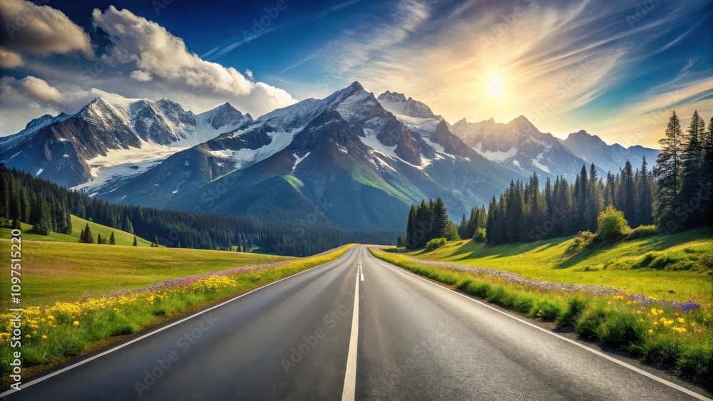 Naklejka premium Asphalt Road Winding Through a Majestic Mountain Range at Sunset