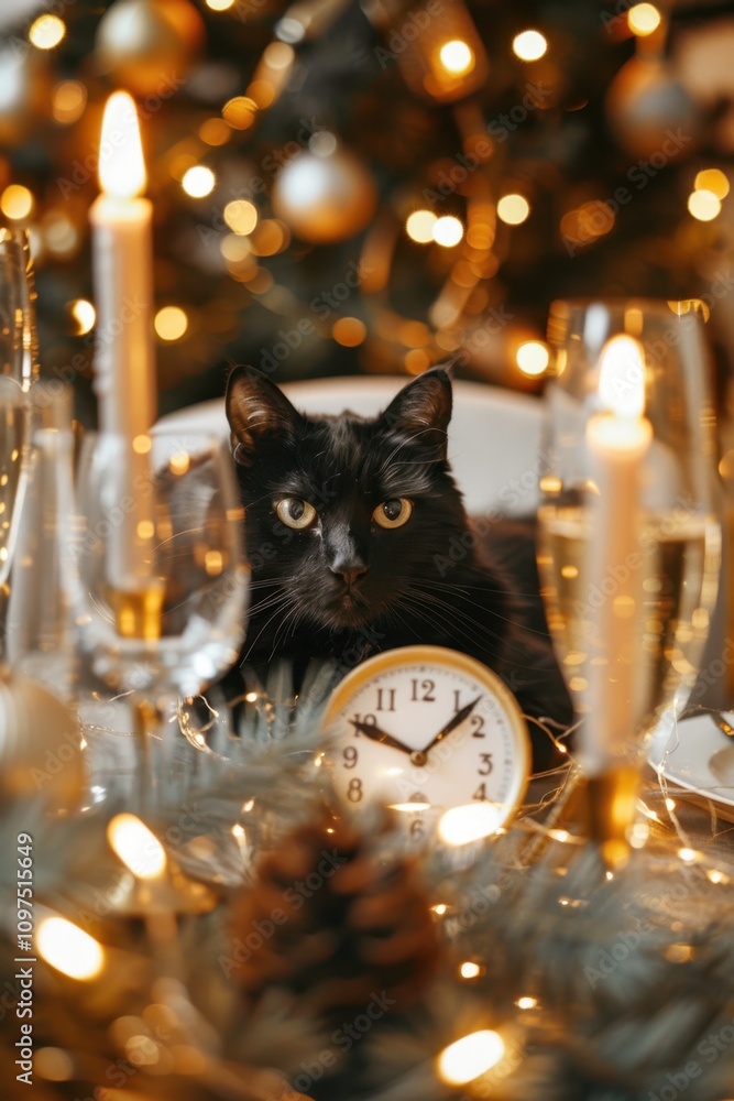 Happy Mew Year for Cats Day Festive holiday scene with a cat and clock amidst new year decorations Happy Mew Year for Cats Day Festive holiday scene with a cat and clock amidst new year decorations