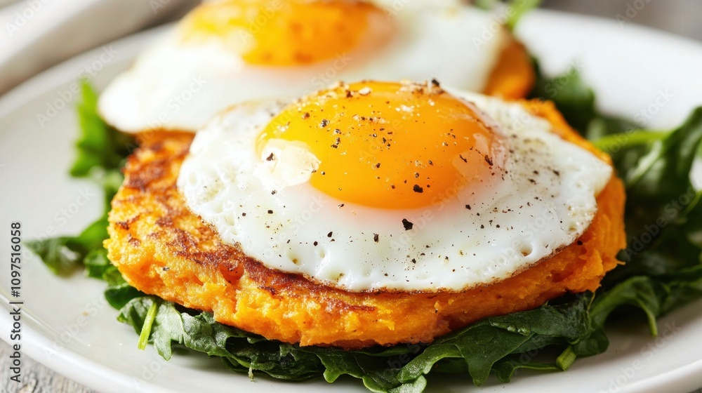 Delicious sunny-side-up fried egg on sweet potato fritter and greens Delicious sunny-side-up fried egg on sweet potato fritter and greens