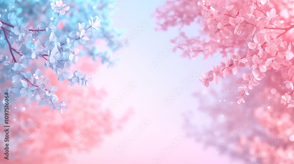 Pastel Dreams: Two delicate cherry blossom trees, one in pink and one in blue, frame a soft, dreamy background. The ethereal colors and delicate blooms create a sense of peace and tranquility. Pastel Dreams: Two delicate cherry blossom trees, one in pink and one in blue, frame a soft, dreamy background. The ethereal colors and delicate blooms create a sense of peace and tranquility.