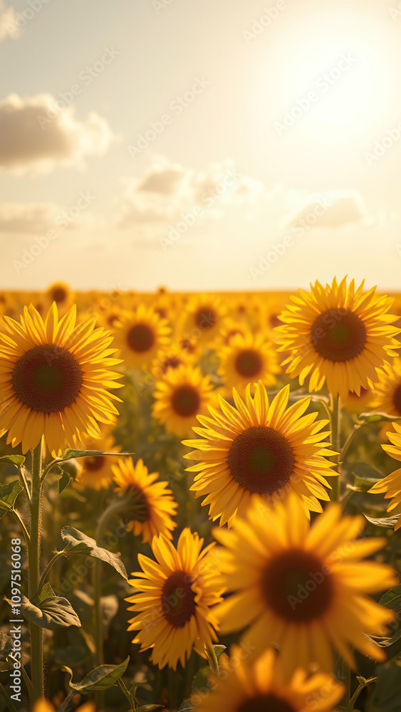 Obraz premium Majestic sunflower field bathed in soft golden light as rays stretch across the open space , popular flower, open field, country landscape, rays of light, golden light