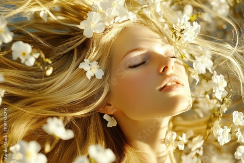 Golden charisma Concept. A serene woman with flowing hair surrounded by white flowers, exuding beauty and tranquility in a natural setting.