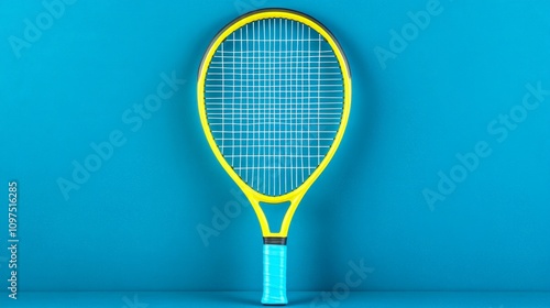 Yellow Tennis Racket on Blue Background: A crisp, close-up shot of a yellow tennis racket against a vibrant blue backdrop, showcasing the intricate details of the string pattern and handle.