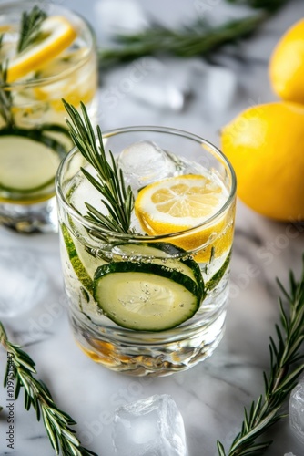 Ginuary Refreshing citrus and cucumber infused drink with ice and herbal garnish photo