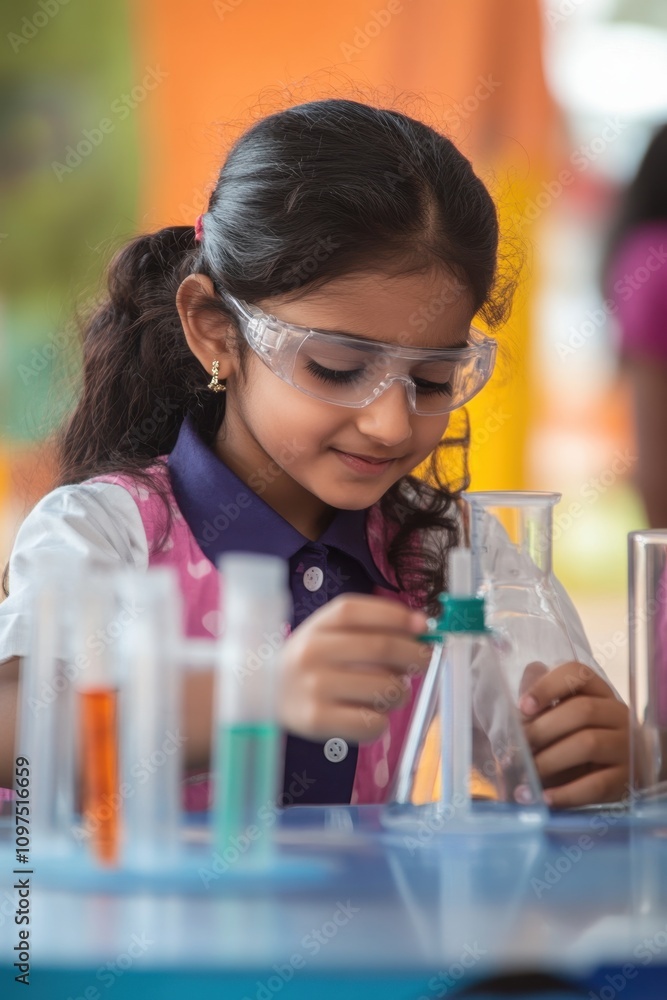 National Public Science Day Young girl enjoying science experiment in classroom setting National Public Science Day Young girl enjoying science experiment in classroom setting