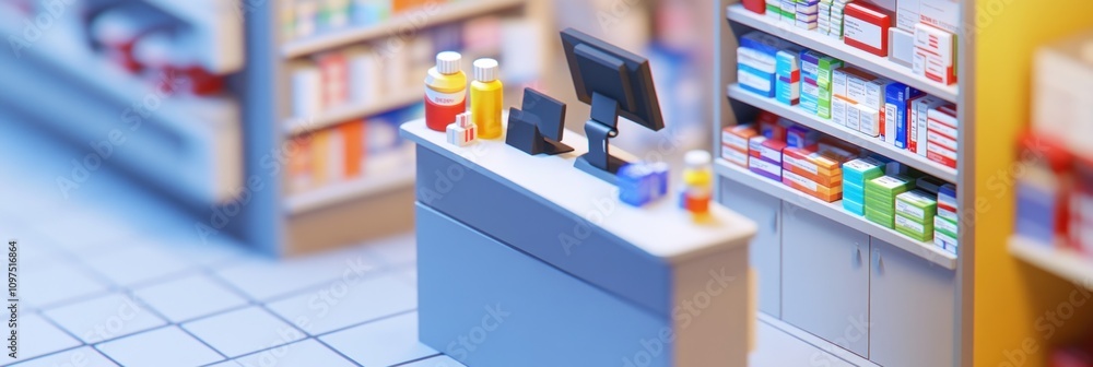 A pharmacy counter with products and a computer setup for transactions. A pharmacy counter with products and a computer setup for transactions.