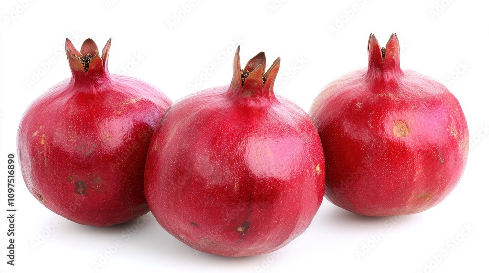 National Pomegranate Month Fresh pomegranates trio on white background for healthy diet and culinary concepts National Pomegranate Month Fresh pomegranates trio on white background for healthy diet and culinary concepts