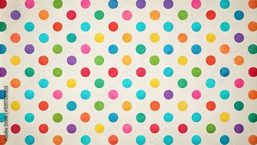Vibrant multicolored polka dot pattern on textured background ideal for textile design, wrapping paper, or festive decor