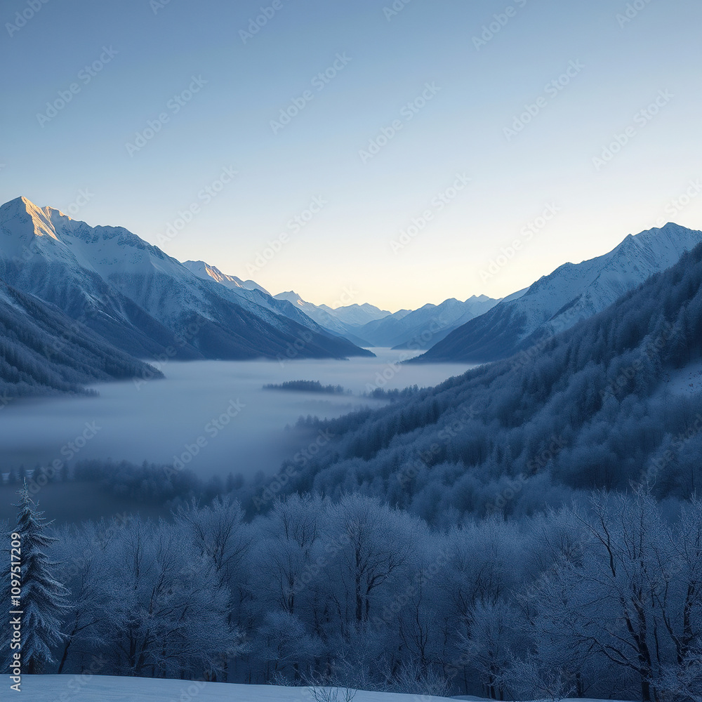 Snowy mountain landscape with bare trees in winter, winter landscape, snow covered ground, frosty, snowflakes, bare branches Snowy mountain landscape with bare trees in winter, winter landscape, snow covered ground, frosty, snowflakes, bare branches