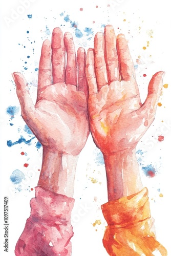 Clap 4 Health Month Vibrant watercolor art of open hands with colorful paint splashes on white background