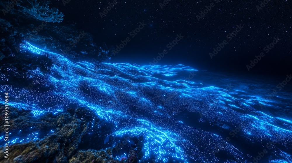 Bioluminescent ocean waves at night glowing blue on the shore. Bioluminescent ocean waves at night glowing blue on the shore.