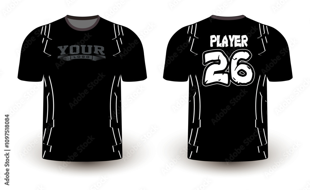Fototapeta premium All sports player jersey design with an elegant edgy and wild look. Sports gear template mockup perfect fit for all sports. The designs that go on casual wear, shirts, fashion apparel, and all kind 