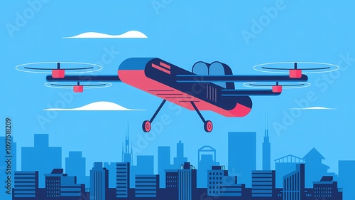 Flat-Style Illustration of a Cargo Drone Flying Over a City with Tall Buildings photo