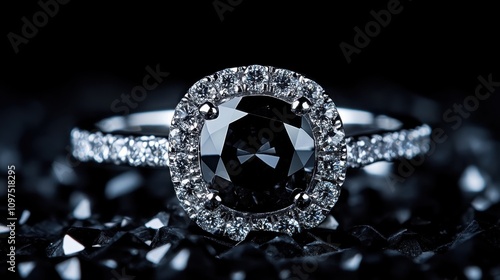 National Black Diamond Month Elegant black diamond ring with silver band for luxury fashion and jewelry design