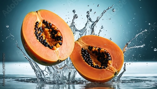 Two fresh papaya halves with black seeds floating above water
