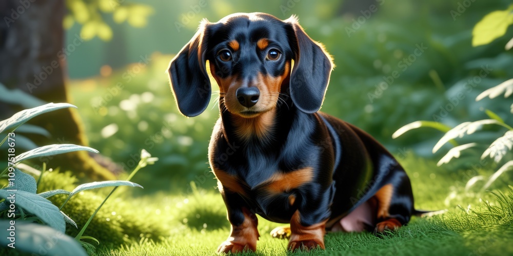 Adorable dachshund puppy in sunlit forest setting Adorable dachshund puppy in sunlit forest setting