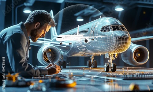 Engineer designing airplane model in hangar.