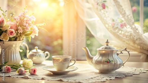 Wallpaper Mural A serene morning tea setting with delicate floral arrangements and antique teaware bathed in sunlight Torontodigital.ca