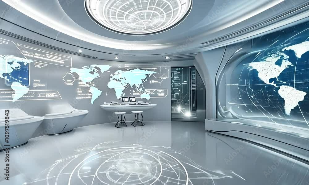 Futuristic white control room with holographic displays showing world ...