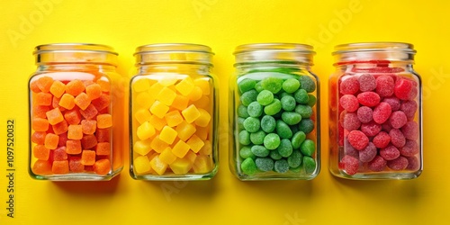 Vibrant Colorful Candies in Glass Jars on Yellow Background