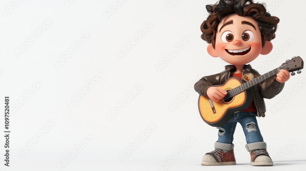 A cheerful animated boy playing a guitar, dressed casually with a joyful expression. A cheerful animated boy playing a guitar, dressed casually with a joyful expression.