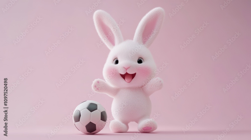 A cute, fluffy rabbit with big ears joyfully playing with a soccer ball. A cute, fluffy rabbit with big ears joyfully playing with a soccer ball.