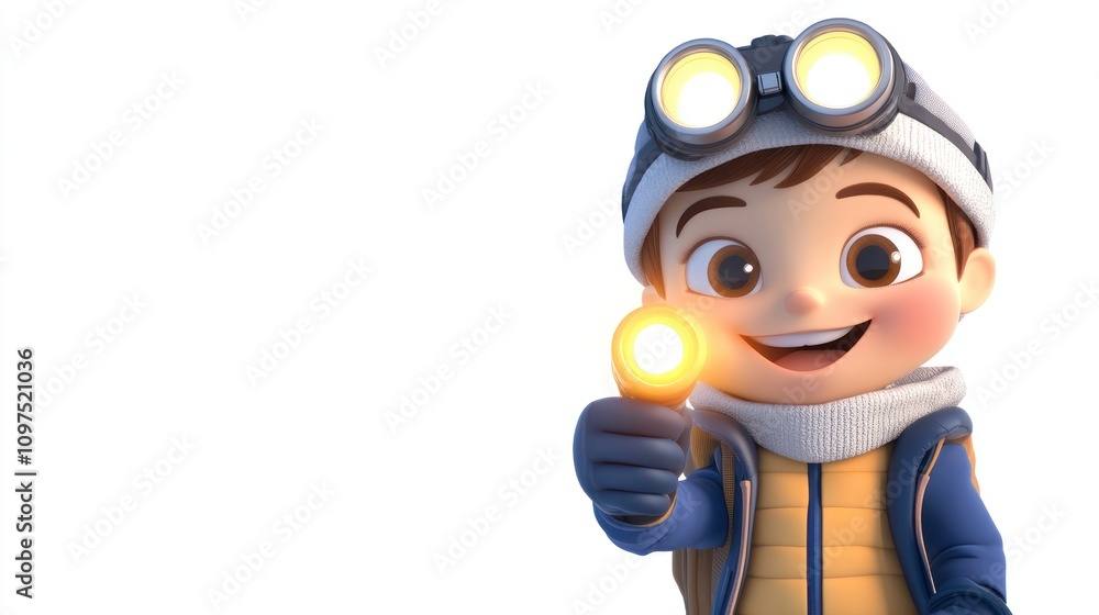 A cheerful animated boy holding a flashlight, ready for adventure in a bright setting. A cheerful animated boy holding a flashlight, ready for adventure in a bright setting.