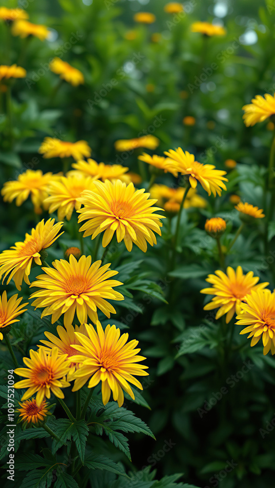 Vibrant yellow chrysanthemum flowers blooming in lush garden, chrysanthemum, vibrant Vibrant yellow chrysanthemum flowers blooming in lush garden, chrysanthemum, vibrant