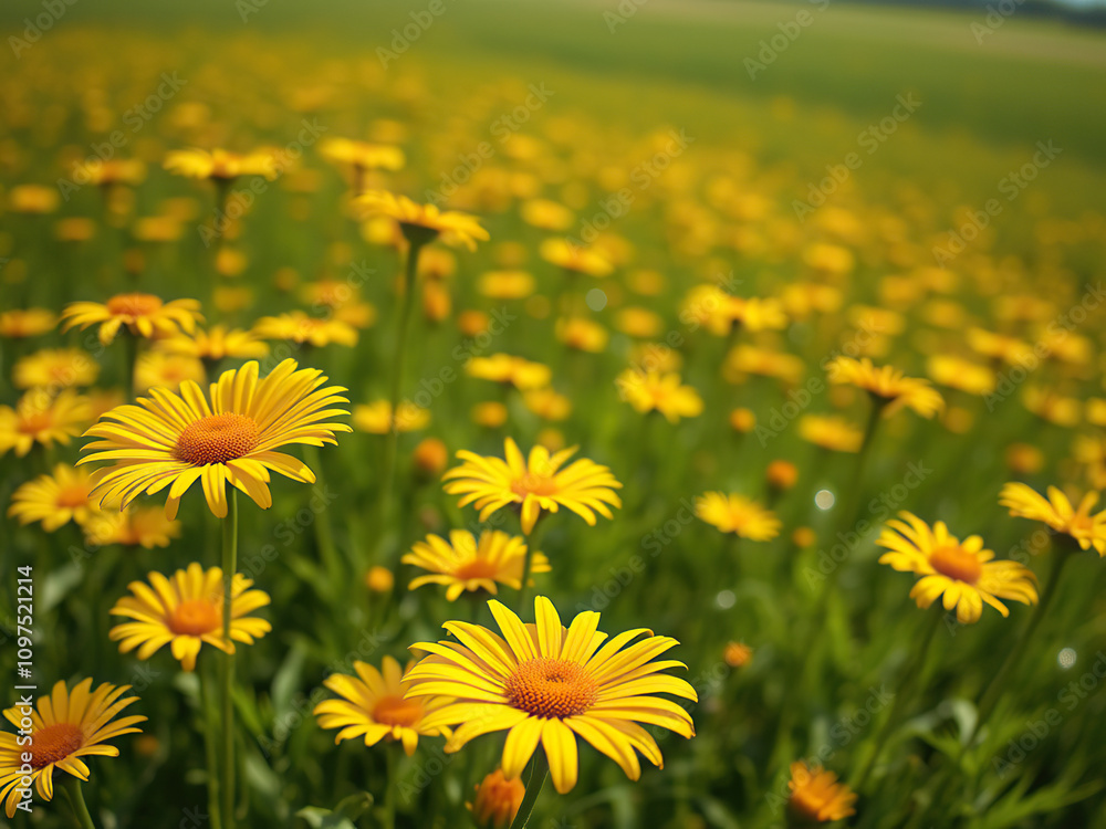 Vibrant yellow crown daisies swaying in the summer breeze, outdoor, glebionis coronaria, yellow flowers Vibrant yellow crown daisies swaying in the summer breeze, outdoor, glebionis coronaria, yellow flowers