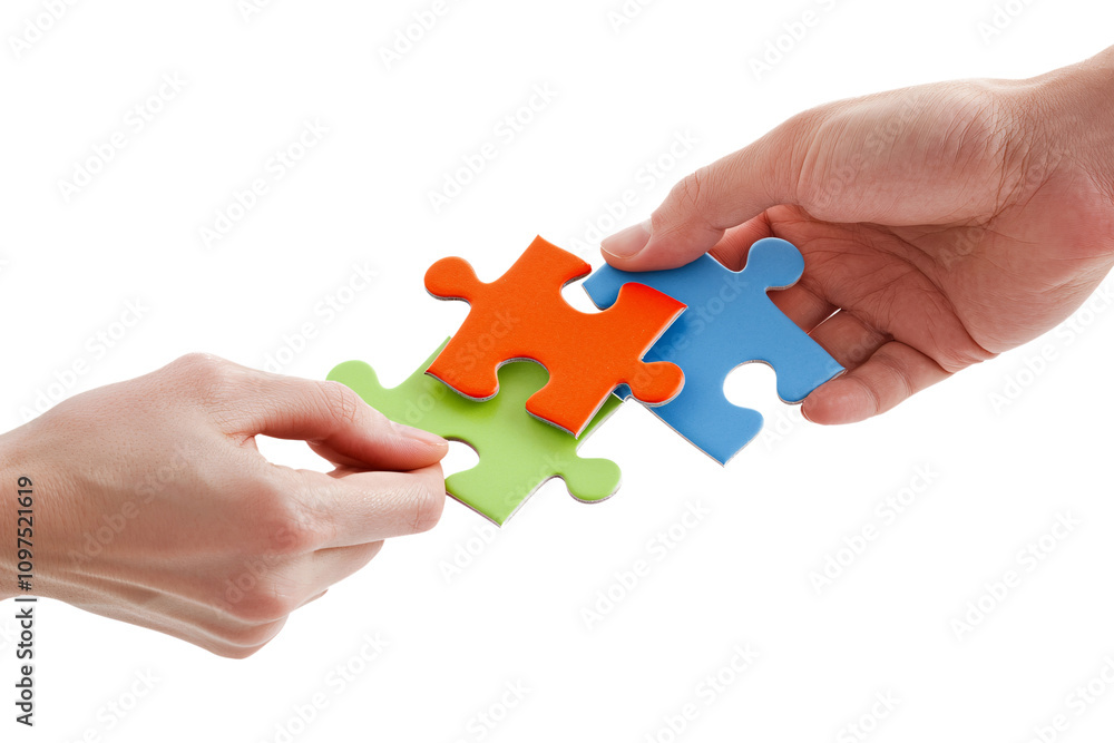 Hands of diverse individuals unite to form a puzzle, symbolizing teamwork and collaboration on a white background. Hands of diverse individuals unite to form a puzzle, symbolizing teamwork and collaboration on a white background.