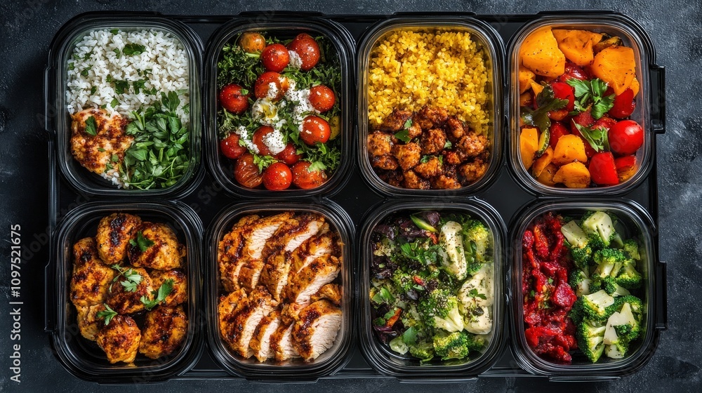 A flat lay of meal prep containers filled with colorful, healthy meals A flat lay of meal prep containers filled with colorful, healthy meals
