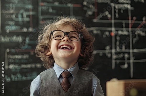 A young boy with glasses and curly hair, laughing joyfully as he draws on the chalkboard in his school classroom