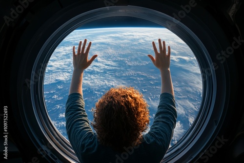 A powerful scene of an astronaut waving goodbye to Earth from the window of a departing spacecraft