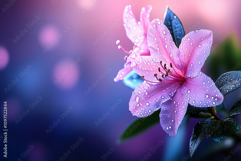 A close-up of pink azalea flowers blooming in a lush garden during spring, with dew drops on the petals A close-up of pink azalea flowers blooming in a lush garden during spring, with dew drops on the petals
