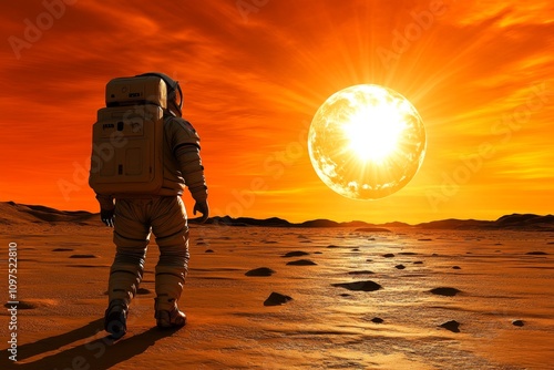 A realistic depiction of a Martian colony, with astronauts walking between domes under the dusty red sky