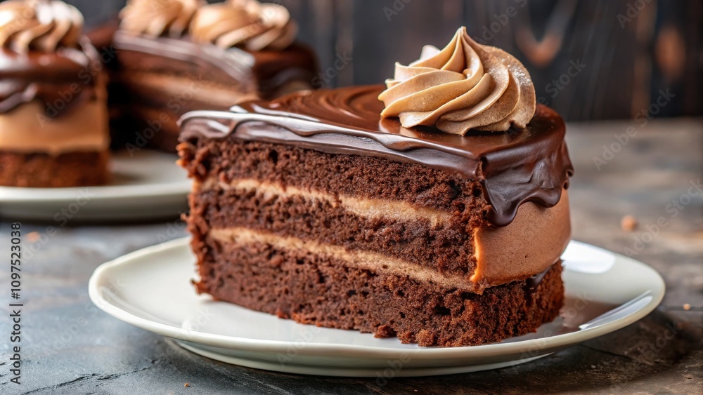 A delectable slice of layered chocolate cake, adorned with a swirl of rich chocolate frosting, sits elegantly on a pristine white plate. A delectable slice of layered chocolate cake, adorned with a swirl of rich chocolate frosting, sits elegantly on a pristine white plate.