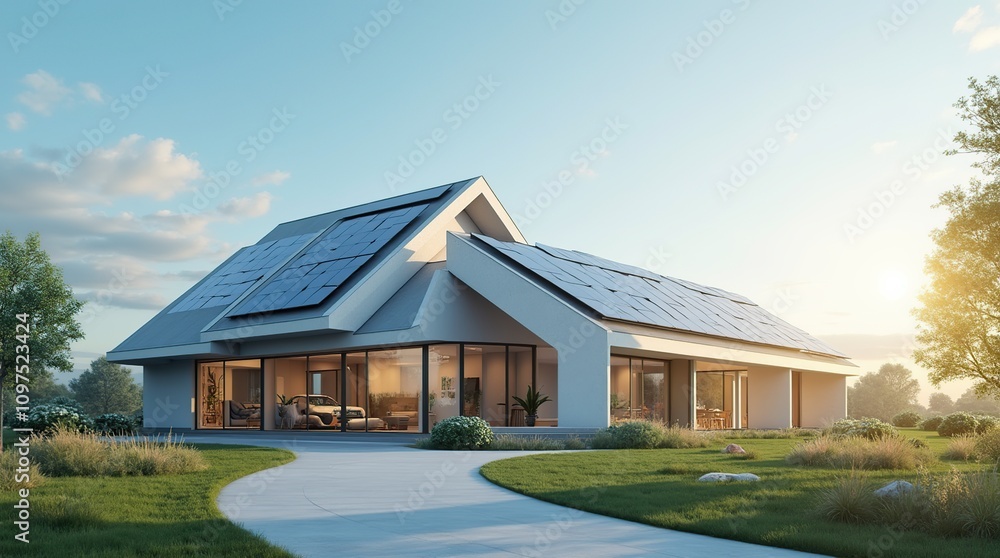 Obraz premium Futuristic Smart Home with Solar Panels for Renewable Energy Efficiency