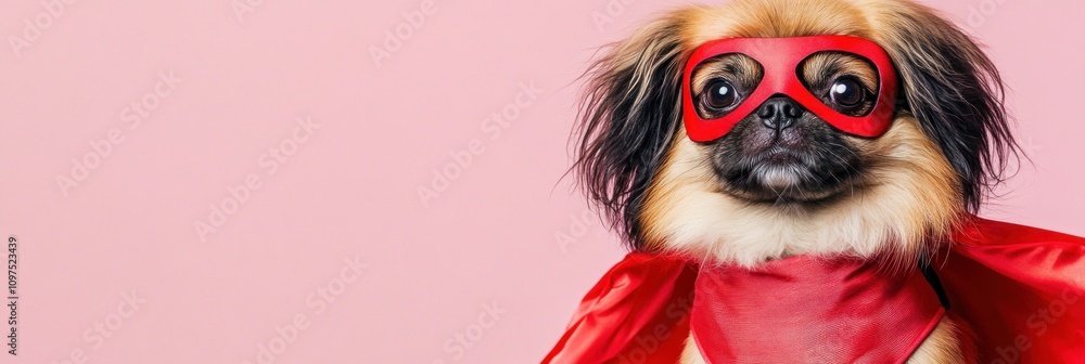 A dog dressed as a superhero with glasses and a cape against a pink background. A dog dressed as a superhero with glasses and a cape against a pink background.