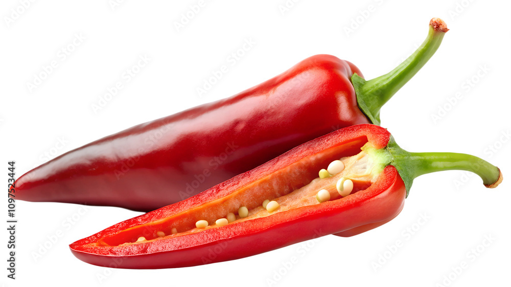 Red hot chilli pepper with slice of red chilli isolated on a transparent background Red hot chilli pepper with slice of red chilli isolated on a transparent background