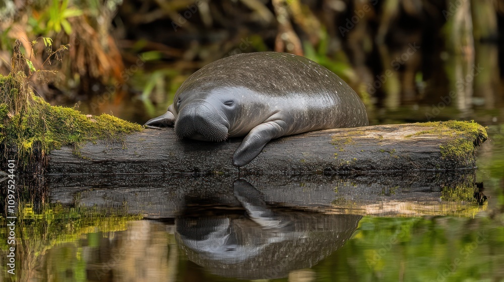 Fototapeta premium A manatee resting on a log in calm water, reflecting its image.