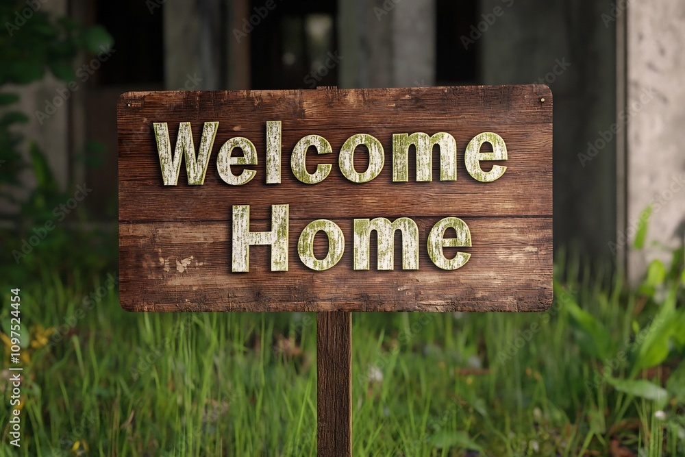 Rustic Wooden Welcome Home Sign in Natural Outdoor Setting Rustic Wooden Welcome Home Sign in Natural Outdoor Setting
