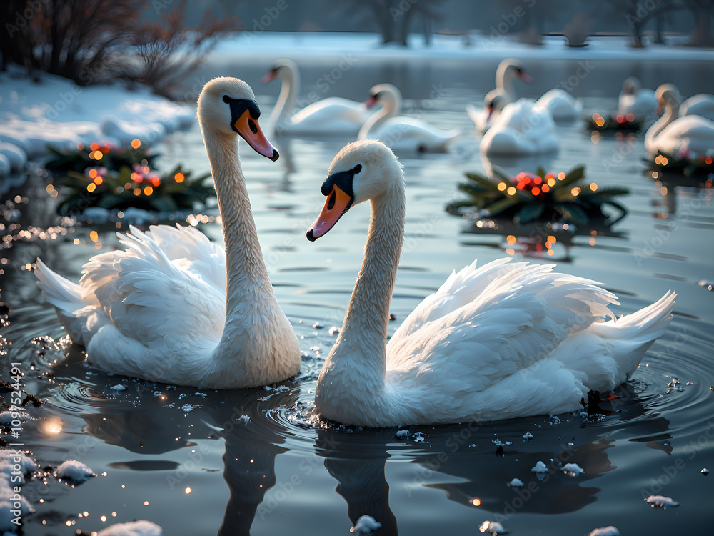 Obraz premium Elegant swans gliding through a winter wonderland with floral arrangements, photography of nature concept.