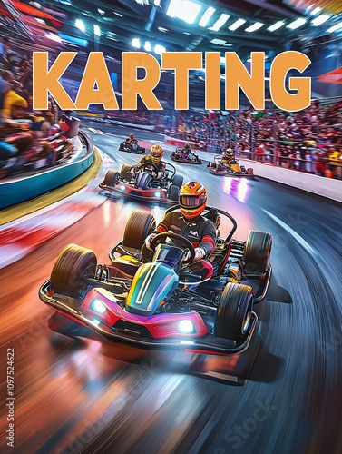 A dynamic karting poster displaying vibrant go-karts racing on an exhilarating track, filled with enthusiastic competitors and cheering spectators. photo